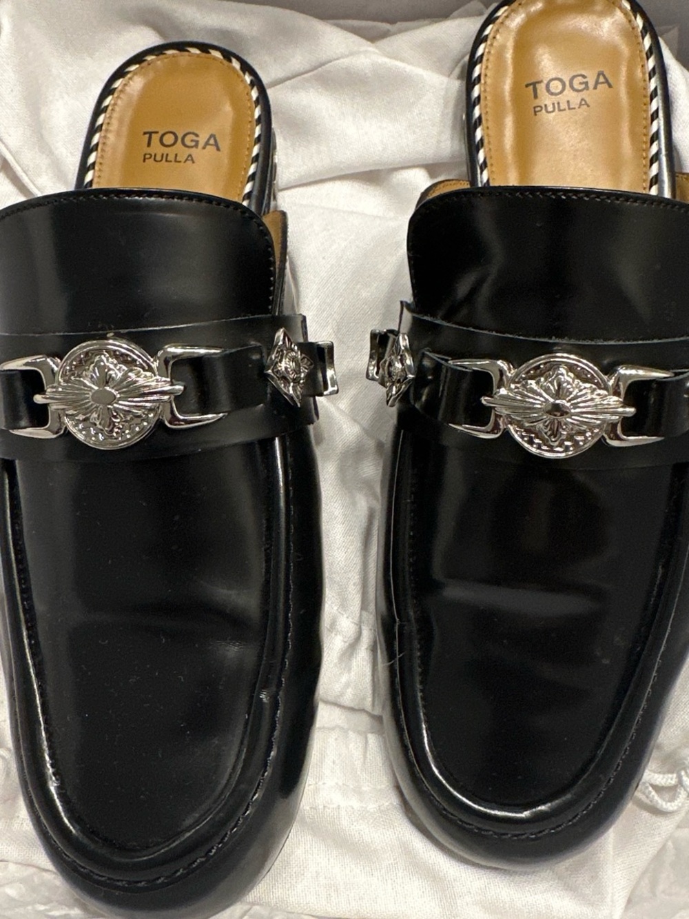 TOGA Pulla Black Leather Mules with Silver-Tone Medallion Hardware Worn Once